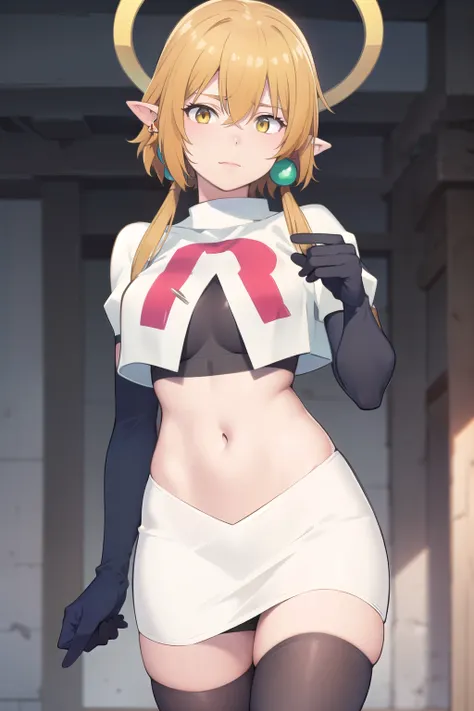 (Masterpiece), (realistic skin texture), extremely detailed, best quality, woman, short hair, blonde hair, yellow eyes, long twintails, pointy ears, halo, gold and purple earrings, team rocket,team rocket uniform,white skirt,red letter R,crop top,black thi...