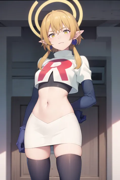 (Masterpiece), (realistic skin texture), extremely detailed, best quality, woman, short hair, blonde hair, yellow eyes, long twintails, pointy ears, halo, gold and purple earrings, team rocket,team rocket uniform,white skirt,red letter R,crop top,black thi...