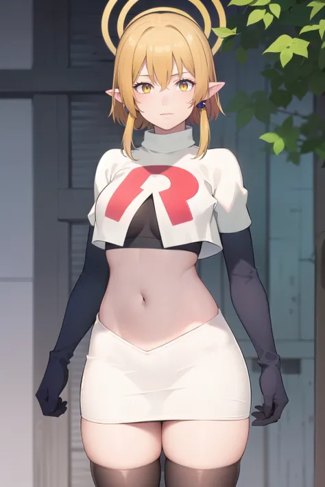 (Masterpiece), (realistic skin texture), extremely detailed, best quality, woman, short hair, blonde hair, yellow eyes, long twintails, pointy ears, halo, gold and purple earrings, team rocket,team rocket uniform,white skirt,red letter R,crop top,black thi...