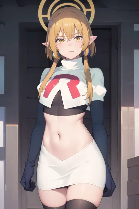 (Masterpiece), (realistic skin texture), extremely detailed, best quality, woman, short hair, blonde hair, yellow eyes, long twintails, pointy ears, halo, gold and purple earrings, team rocket,team rocket uniform,white skirt,red letter R,crop top,black thi...