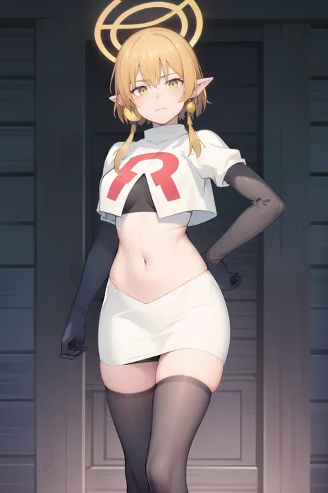 (Masterpiece), (realistic skin texture), extremely detailed, best quality, woman, short hair, blonde hair, yellow eyes, long twintails, pointy ears, halo, gold and purple earrings, team rocket,team rocket uniform,white skirt,red letter R,crop top,black thi...