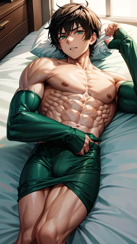 Anime guy with a tight shirt lying on the bed with 6 pack abs and green eyes