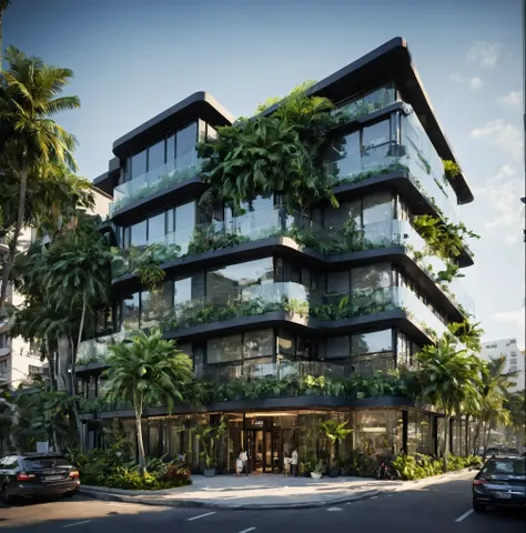 Modern 2-facade hotel building project, Corner hotel, using large, airy glass panels combined with modern matte ceramic tile walls, modern dark colored lines emphasized on light colored walls, transparent glass windows looking into the interior with just e...