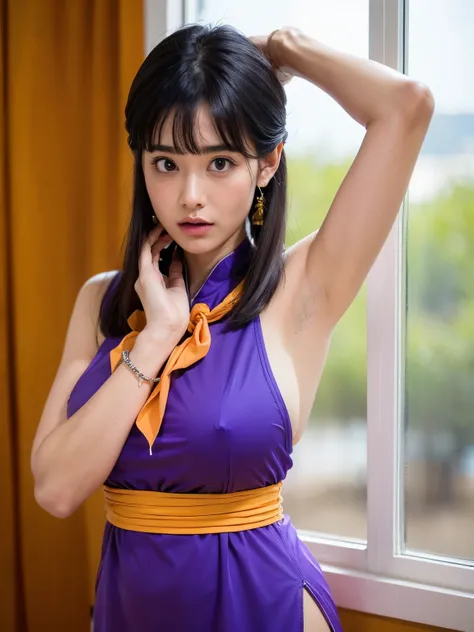 (masterpiece, best quality:1.2), 1girl, solo, professional lightings, cinematic lightings, 8k wallpaper, ultra realistic portrait of chichi, dragonball, chichi_dbz, (Purple Chinese Dress:1.3, Orange Neckerchief, bangle, bracelet), boots, detailed face, det...