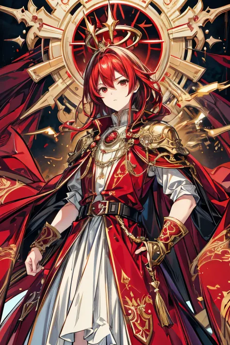 1 boy, masterpiece, best quality, anime, male, adult, detailed medium crimson hair, intense red eyes, ornate gold crown, flowing red cape, red attire, golden accents, intricate details, radiant sun halo, 4k, 8k, highres, ultra-detailed, photorealistic, phy...