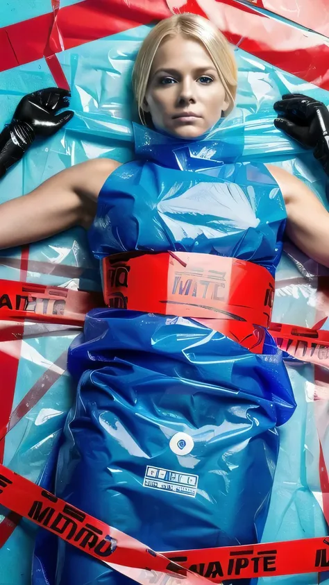 a stunningly beautiful blond woman wearing blue plastic garbage bags printed with biohazard symbols gets mummified in tape by a woman, helplessly wrapped with red caution tape, forced against her will, bright day, extremely photorealistic photo, at least t...