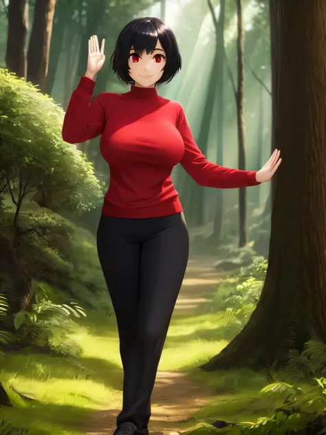 1female,Walk,in forest, wave hands,Hands waving , smile,,black hair,short hair,red eyes,looking away, half body photo,Red knit shirt,Long sleeve knit shirt,, black trousers,,very big breast ,ultra detail, ultra HD