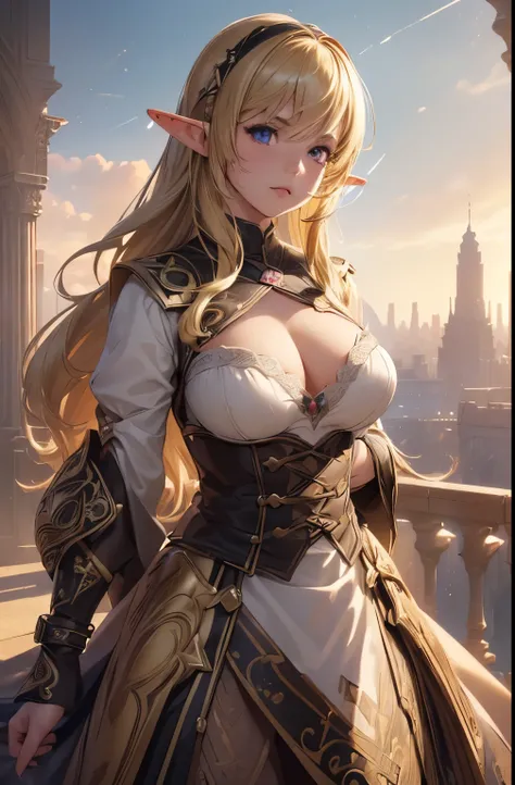 (1girl, solo:1.7), (elf), 10years old,(chuckle:1.5), (beautiful detailed brown eys:1.3), (blonde hair:1.5), long hair, fantasy background, fantasy ruins, upper body, huge breasts, BREAK (photo realistic:1.7), (masterpiece, top quality, best quality:1.4), (...