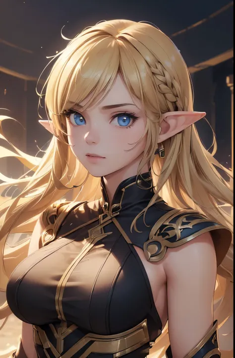 (1girl, solo:1.7), (elf), , (chuckle:1.5), (beautiful detailed brown eys:1.3), (blonde hair:1.5), long hair, fantasy background, fantasy ruins, upper body, huge breasts, BREAK (photo realistic:1.7), (masterpiece, top quality, best quality:1.4), (ultra deta...