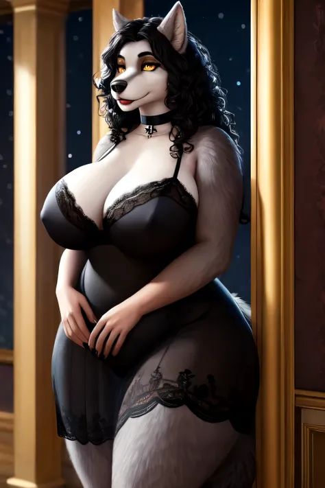 1girl, anthro furry wolf, plus size, wide thighs, full body, black curly hair, golden eyes, high resolution, photorealistic, cute looking, detailed realism, detailed grey fur, 4k, soft, big round butt, saggy big breasts, choker, black bra, hand socks, blac...