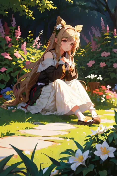 anime girl sitting on the ground in the garden with flowers, Anime girl with long hair, she center now, in the garden, in the garden, sitting in the garden, high quality anime style, anime curvy john 8k forest, anime Mo artstyle, Ilya Kuvshinov with long h...