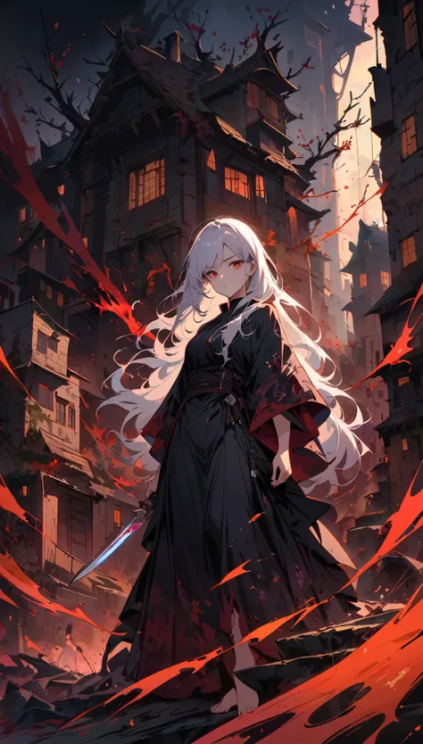 Terrible female warrior,Holding a fierce knife,Wearing tattered black robes,Long white hair,Glittering red eyes,barefoot,Intimidating presence,((Blood splatter)),Dark and mysterious,Twisted branches,The mist rolled in,Moonlight illuminated the scene,dark p...