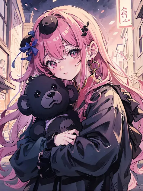 anime girl with pink hair holding a black teddy bear in a city, anime style 4 k, artwork in the style of guweiz, anime style. 8k, cute anime girl, anime moe artstyle, guweiz, anime vibes, anime style portrait, anime art wallpaper 4k, anime art wallpaper 4 ...