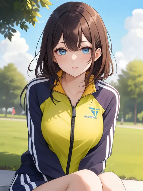 score_9, score_8_up, score_7_up, Expressiveh, ultra detailed, minomi, one pretty girl is looking at viewer and sitting on the lawn, hotty, sweat, bangs, prefect face, half-open eyes, steam, large breasts, unzipped tracksuit, summer day, blue sky, park, tre...