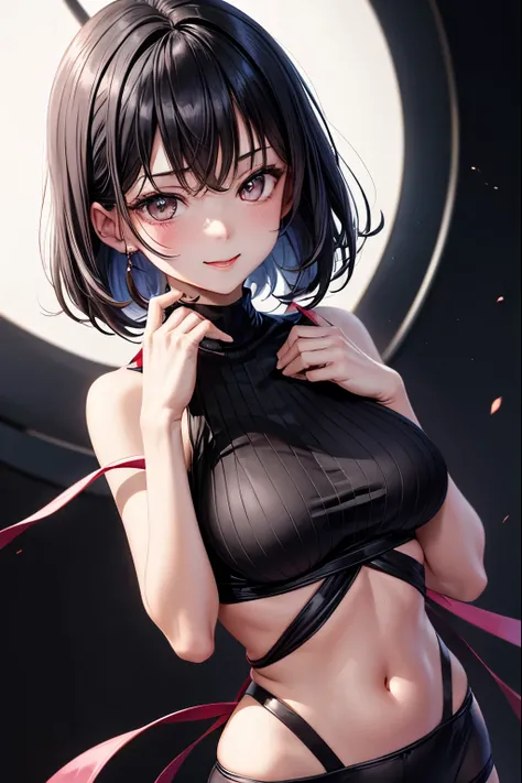 Focus on the face, portrait, glowing black eyes, Feminine style, one girl, asymmetrical clap, clap, black hair, Good вид, Good, camera view, smile, night, city, Bob Hair, abdomen, Red lips, shirt, One, standing, Good вид, upper body, underwear, pink underw...