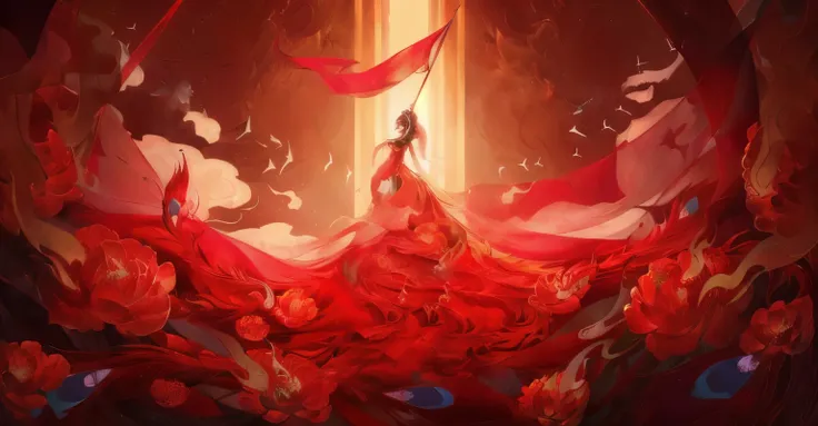 anime scene of a woman in red costume, in a red dream world, a beautiful artistic illustration, juster battle, author：yang j, ro...