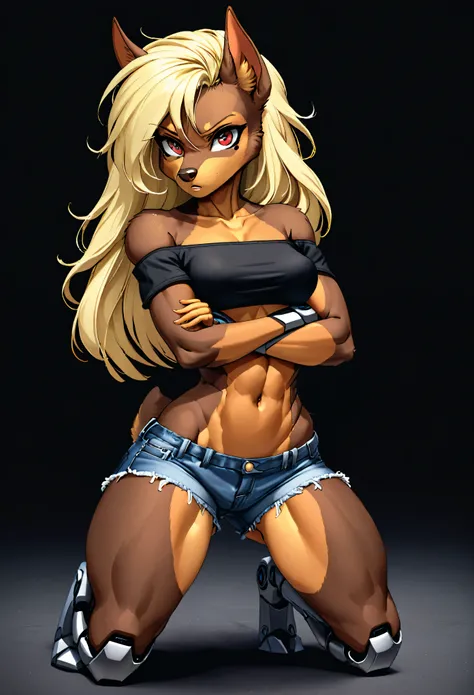 (anthro Dog:1.4), (dark brown fur:1.4), (doberman:1.4), dog legs, muscular body, small breasts, (black off-the-shoulder crop top:1.2), (jwaist-high denim shorts:1.2), (android, robot:1.5), (full body shot:1.3), angry, (kneeling on the ground, cross arms in...