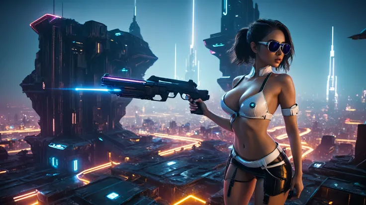 (aerial view, a flying cars docking platform, a very dark abandoned futuristic city, neon lights). 1girl, solo, alone, large-breast:1.2 slim body, cleavage:1.1, sexy miniskirt:0.8, (black sunglasses), ((holding a laser pistol:1.4)), dynamic pose, half-body...