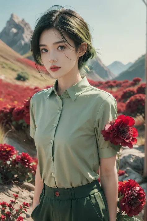 (((best quality))),(((ultra detailed))),(((masterpiece))),illustration,((1 beautiful girl,tomboy,solo)),(short black hair:1.3),((slim,thin)),((small breasts,thin)), vigorous, confident, (light green collared short-sleeved shirt:1.3), (dark green pants:1.2)...