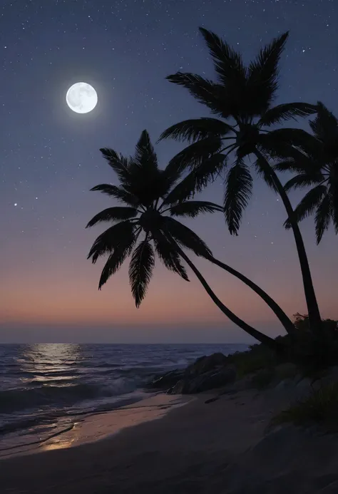 Create an image of a deserted island night beach landscape。People and buildings、Artifacts、Lighting is not included.、Express a beautiful sight in silence。Moonlight reflects off the surface of the sea、Describe the silhouette of a palm tree or a floating star...