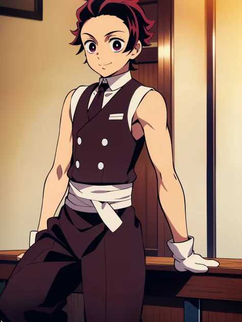 Highres, Masterpiece, Best quality at best,Best Quality,hight quality, hight detailed, Anime style, 1boy, Boy, Shota, Solo person, Tanjiro_kamado, Demon slayer, Sleeveless vest, Bare shoulder, Tie, Gloves, Choker, Casino, Waiter, night day, Slim body, smil...