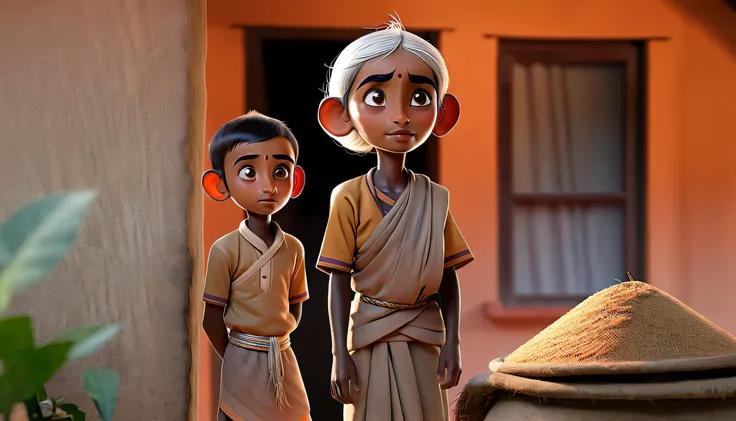 a small boy named raju standing next to his elderly grandmother in a simple village house.

elements: a small, humble house made...