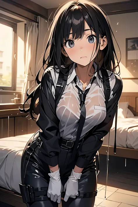 1 female, , high quality, masterpiece, Ultra-high resolution, , Cinema Lighting, , , And the suspenders with the cranes flying　　　Large Breasts　 　 　　　　Small face　 　　　holster　　　　　　　 Lying in bed　Looking up　　　　Sweat 　　　belt　summer　脇Sweat 　Black Hole Gloves　su...