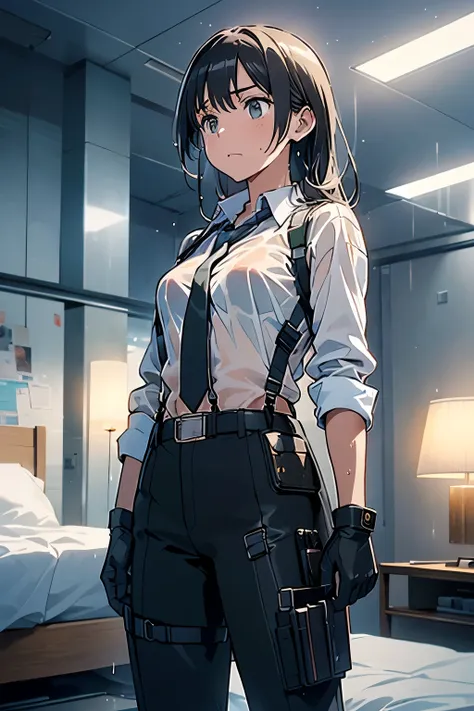 1 female, , high quality, masterpiece, Ultra-high resolution, , Cinema Lighting, , , And the suspenders with the cranes flying　　　Large Breasts　 　 　　　　Small face　 　　　holster　　　　　　　 Lying in bed　Looking up　　　　Sweat 　　　belt　summer　脇Sweat 　Black Hole Gloves　su...