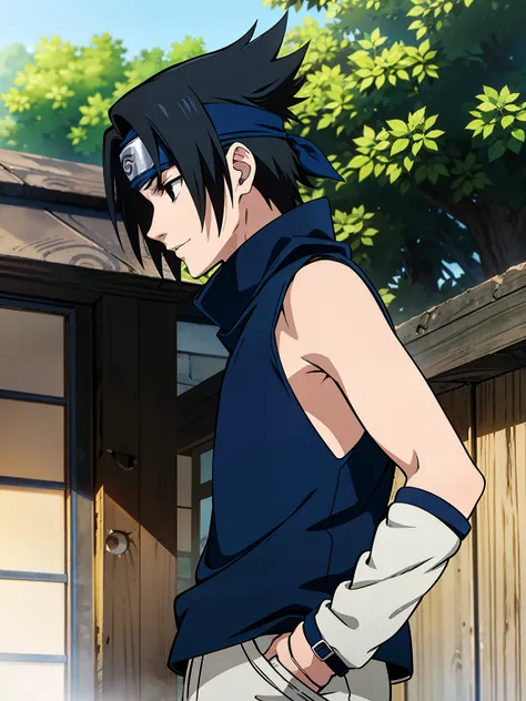 Highres, Masterpiece, Best quality at best,Best Quality,hight quality, hight detailed, Anime style, 1boy, Boy, Shota, Solo person, uchiha sasuke, black hair, black eyes, forehead protector, blue shirt, young boy, Sleeveless shirt, bare shoulder, day, Slim ...