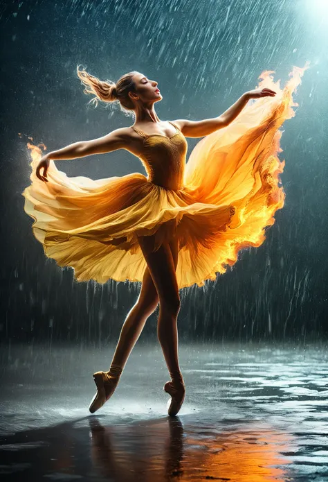 a portrait of female classical ballet prima ballerina dancing in the rain, a full body picture ((anatomically correct: 1.5)) of ...