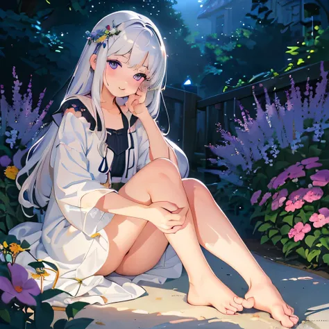 (best quality,4K,8K,high resolution,masterpiece:1.2),Very detailed,(Practical,photoPractical,photo-Practical:1.37),illustration,Soft Light,White hair girl,Deep purple eyes,Glowing eyes,sit down,barefoot,blush,Garden at night,Flowers.dew