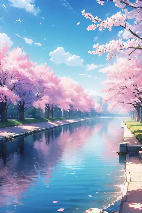 Ultra-realistic scenes, Parallel world, Cherry blossoms falling from the trees, cult, Beautiful river, Unusual art, Unique art, Summer blue sky background, sunlight, bright sunlight, Blender, Product Rendering, High quality 8K. --v6