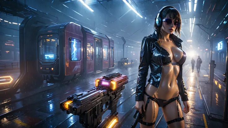 (((aerial view))), Blade Runner style futuristic railway platform, hi-tech train, neon lights, rainy night. (1girl, solo, alone), large-breast:1.2 slim body, cleavage:1.1, sexy lingerie with wet jacket, headphone, (black sunglasses), (((she raised a pistol...