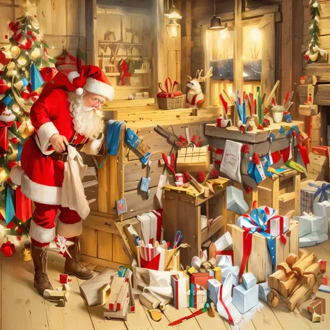 painting of a Santa Claus claus claus claus claus claus claus claus claus claus claus claus claus claus claus claus claus claus, Santa Clauss workshop, Santa Claus inside a rustic barn, Santa Claus, Created by experienced artists, Hidden Object Pictures, I...