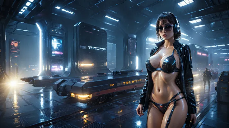 (((aerial view))), Blade Runner style futuristic railway platform, hi-tech train, neon lights, rainy night. (1girl, solo, alone), large-breast:1.2 slim body, cleavage:1.1, sexy lingerie with wet jacket, headphone, (black sunglasses), (((she raised a pistol...