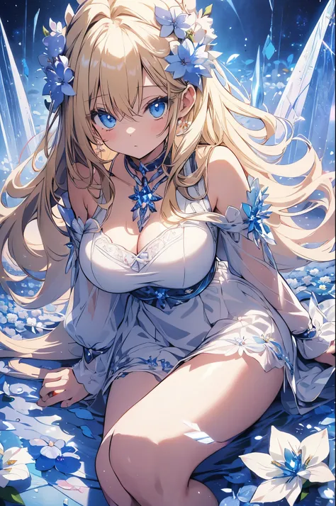 (masterpiece:1.3), (best quality:1.1), (8k, ultra detailed, ultra high res:1.2), (anime style:1.3), {perfect 5 fingers, perfect anatomy:1.2}, 
1girl,
BREAK long hair, wavy hair, 
(blonde hair), 
(blue eyes), 
medium breasts, white camisole, (crystal flower...