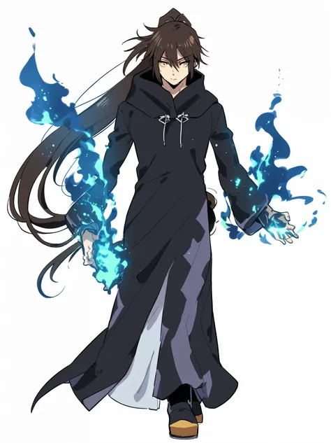 anime man with long brown hair in ponytail and yellow eyes walking in a long dress with hood down behind back, brown - haired mage, ponytail, full body art, long haired humanoid fursona, epic anime style, Blue fire on both hands with black lightning effect...