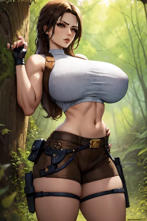 (masterpiece, best quality:1.2), cowboy shot, solo, 1girl, lara croft, expressionless, looking at viewer, hand on hip, blue crop top, brown shorts, (fingerless gloves:1.1), holster, jungle, huge breasts, skindentation, thick thighs, ((torn top)),