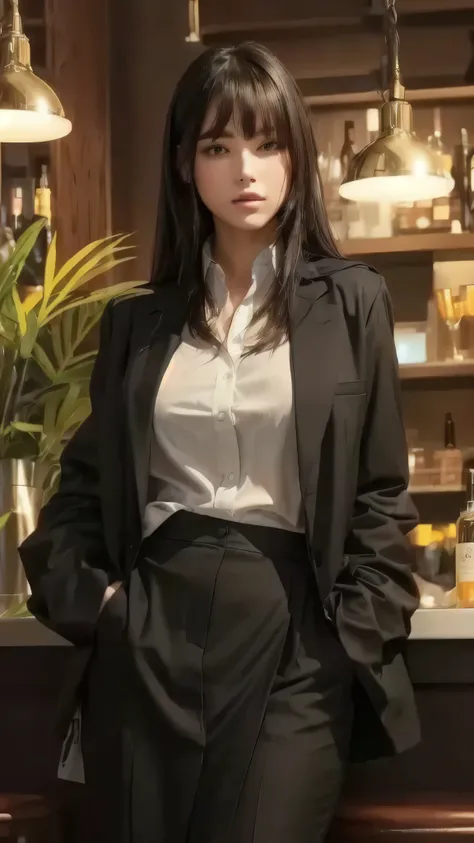  girl in a black jacket and white shirt standing in a bar, female character, visual of a young woman, detective clothes, realistic