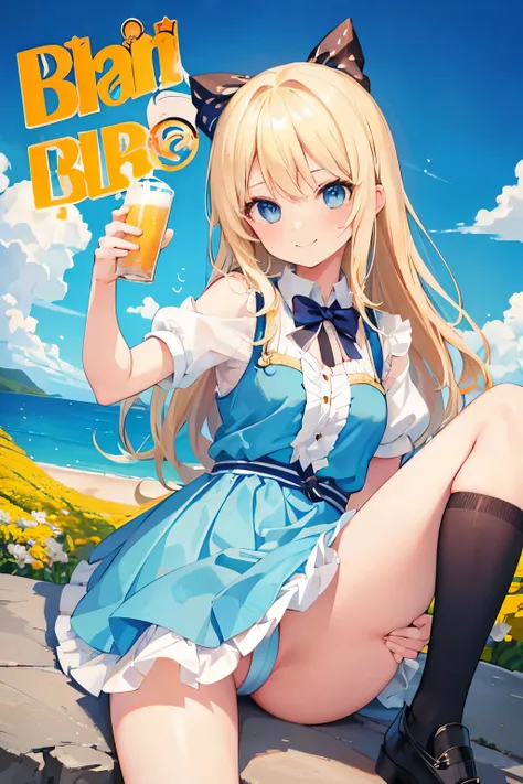 cute,girl,(blonde hair:1.2),(wave hair:1.1),(blue eyes:1.1),🍻,Cheers with beer🍺,(Wonderland:1.3),smile,(spread legs:1.15),(シャツワンピースとスパッツ:1.1).