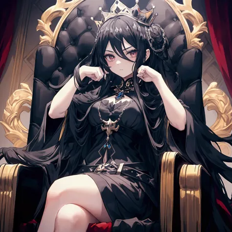 Portrait of an evil girl she holds a beautiful crown in her hand and she sits on a black throne, Black long hair, a stern look, pixel art