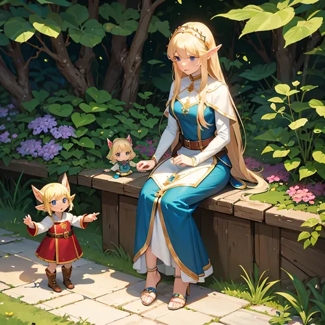 elf women and a small elf girl (toddler), mother and daughter, pointy ears, blonde hair, fair skin, cute and beautiful.
