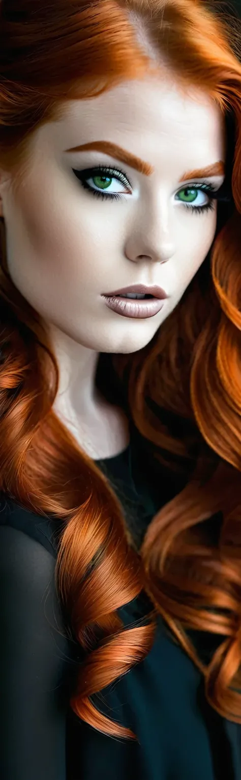 Sublime very sexy femme rousse, lèvres détaillées, yeux détaillés, cil détaillé, Visage détaillé, sublime and detailed Body, long cheveux roux ondulés descendant jusquaux cuisses, visage de séduction, ((maquillage sublime)), photo du milieu du corps, ((por...