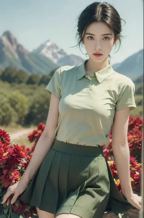 (((best quality))),(((ultra detailed))),(((masterpiece))),illustration,((1 beautiful girl,tomboy,solo)),(short black hair:1.3),((slim,thin)),((small breasts,thin)), vigorous, confident, (light green collared short-sleeved shirt:1.3), (dark green skirt:1.2)...