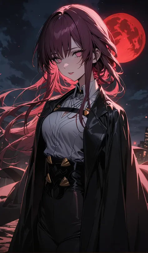 Kafka,(masterpiece), (best quality), Ultra-high resolution, Professional artwork, Extremely detailed, complex, Delicate face, Perfect lighting, 1 Girl, Black cape, Black coat, Boss, clavicle, head, night, night sky, new moon, Red Moon, outdoor, (Cowboy sho...