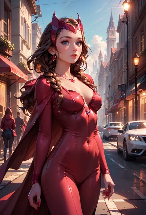 score_9, score_8_up, score_7_up, score_6_up, 1girl, solo, anna (brown hair, braided pigtails:1.1), wearing (Scarlet Witch suit:1.2), (three quartershot:1.1), city street, casting magic spells, detailed soft lighting.