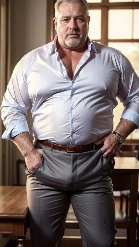 (best quality,4k,8k,highres,masterpiece:1.2), age 60, white man, horny disgusting, muscular chubby, kind, opened silk shirt, mature daddy, Dress Pants with big bulge, hairy chest hard nipple, belt, loafer,