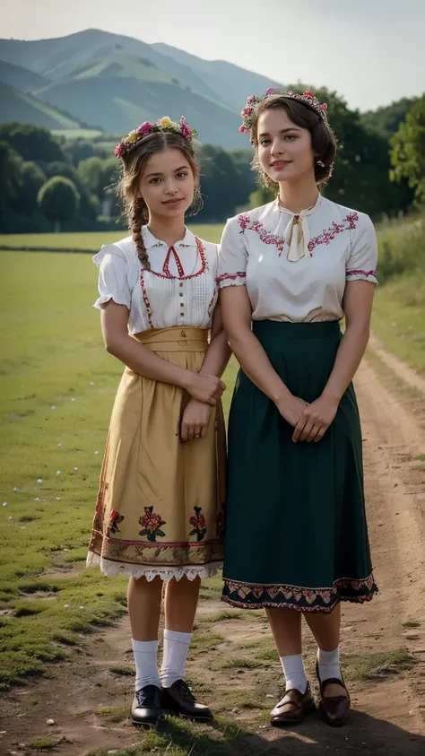 front view, stand on field, ((1 girl and her  with stand, on ground, her  is 6 years-old :1.3)) ,1945 years june, europeans war ...