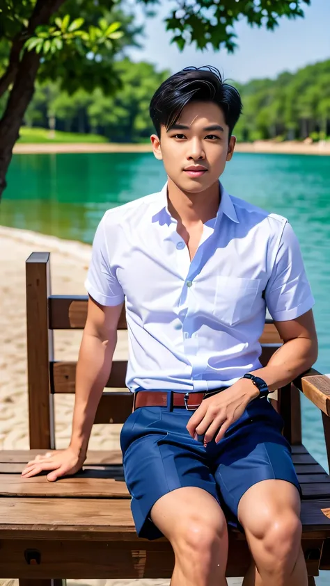 Masterpiece, best quality, High quality, วอลล์เปเปอร์ CG unity 8k ที่มีvery detailed, depth of field, HDR,,photorealistic,very detailed, 1 man sitting on a wooden swing, Asia, black short hair, , (Thai , white shirt), dark Blue cargo shorts,, Broad shoulde...