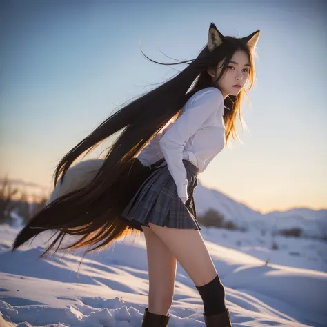 ((Highest quality)), ((masterpiece)), (Get used to it), Perfect Face, Fox Girl, Beautiful woman, public, Female college student, uniform, She has a fox tail inside her skirt, She hides her fox tail in her skirt, Her skirt is flipped up, exposing her fox ta...